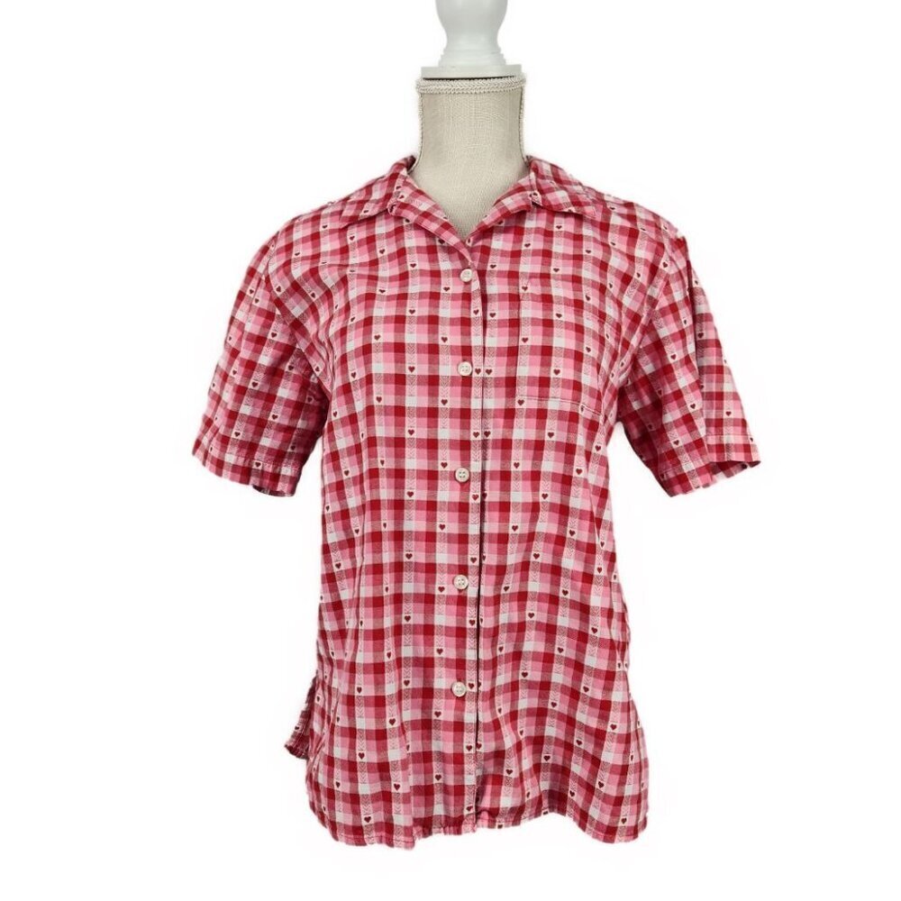 Karen Scott Button Up Shirt Women's M Gingham Hearts Red Valentine Cottage